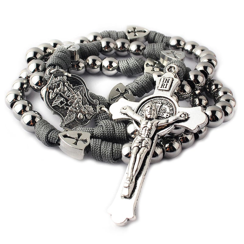 HanlinCC Large and Heavy Stainless Steel Beads Rugged Durable Paracord Rosary Necklace for Men with St.Michael Center Piece and St.Benedict Crucifix (Grey Paracord Rosary) - Image 1