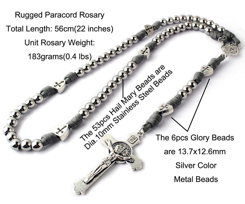 HanlinCC Large and Heavy Stainless Steel Beads Rugged Durable Paracord Rosary Necklace for Men with St.Michael Center Piece and St.Benedict Crucifix (Grey Paracord Rosary) - Image 2