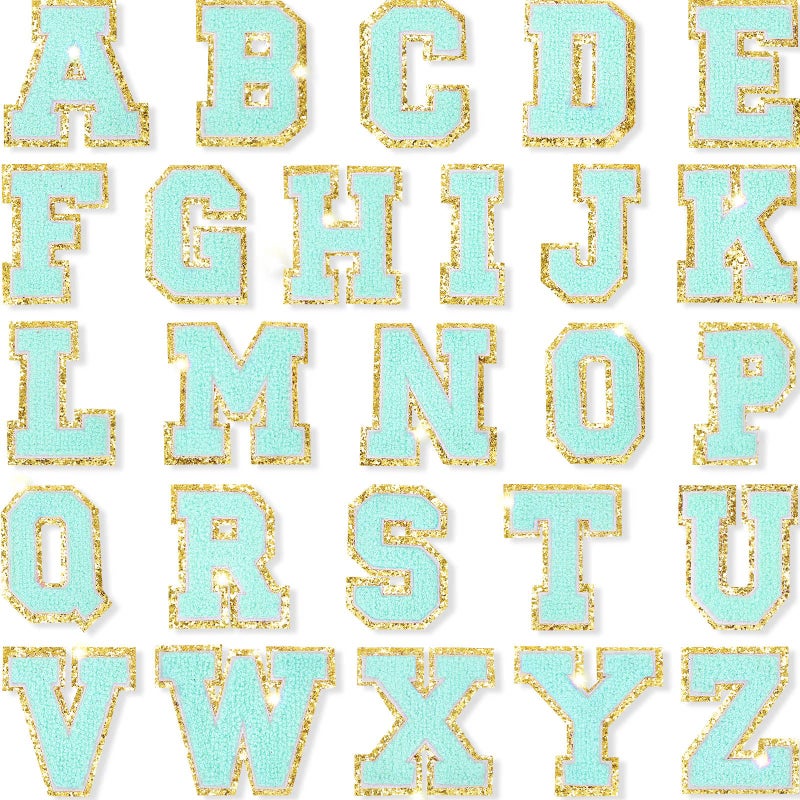 Mtlee 26 Pieces Glitters Patches Iron on Letters Chenille AZ Patches Decorative Repair Embroidered Personalized Sew on for Clothing Repairing Hats Shirts Shoes Jeans BagsGold Blue