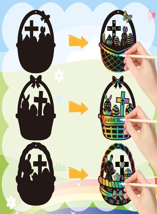 CY2SIDE 60PCS Easter Baskets with Egg Cross Scratch Card Gift Set, DIY Christian Jesus is Risen Scratch Paper Craft for Kids Sunday School Activity, Easter Bunny Magic Art Rainbow Color Paper Ornament - Image 3