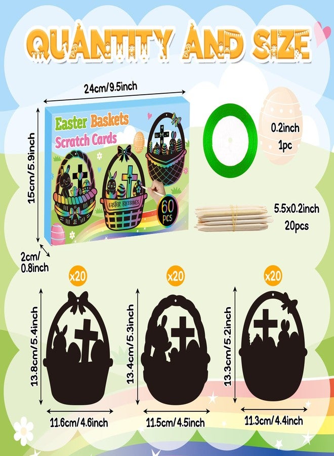 CY2SIDE 60PCS Easter Baskets with Egg Cross Scratch Card Gift Set, DIY Christian Jesus is Risen Scratch Paper Craft for Kids Sunday School Activity, Easter Bunny Magic Art Rainbow Color Paper Ornament - Image 2