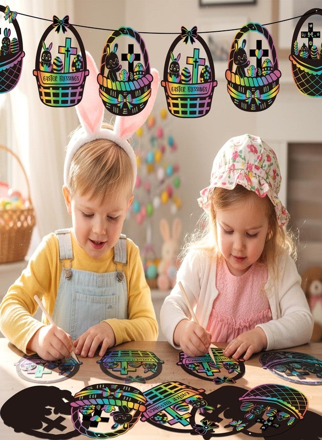 CY2SIDE 60PCS Easter Baskets with Egg Cross Scratch Card Gift Set, DIY Christian Jesus is Risen Scratch Paper Craft for Kids Sunday School Activity, Easter Bunny Magic Art Rainbow Color Paper Ornament - Image 4
