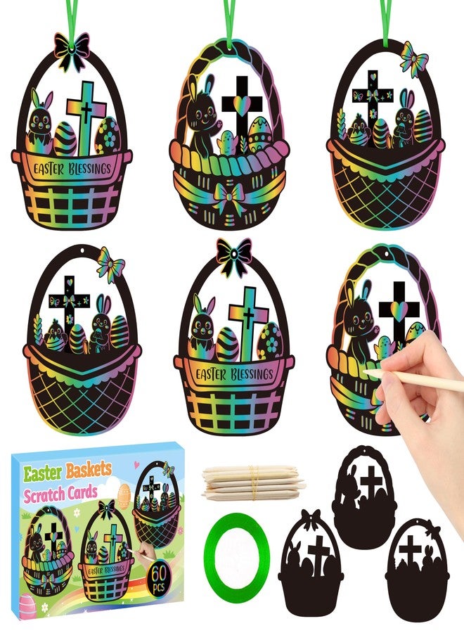 CY2SIDE 60PCS Easter Baskets with Egg Cross Scratch Card Gift Set, DIY Christian Jesus is Risen Scratch Paper Craft for Kids Sunday School Activity, Easter Bunny Magic Art Rainbow Color Paper Ornament - Image 1