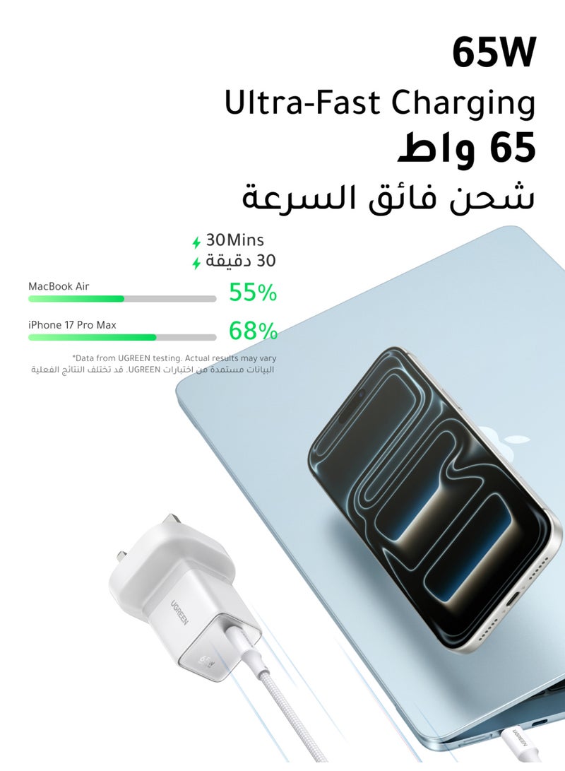 Ugreen Air 65W USB-C Charger with Cable Pocket GaN Type C Charger with Foldable Pin, Fast Charging Adapter, V0 Flame Retardant Charger Head for iPhone 17 16 Pro Max, Samsung S26 S25 Ultra, iPad Pro (White) 65W+Cable Compact White - Image 2