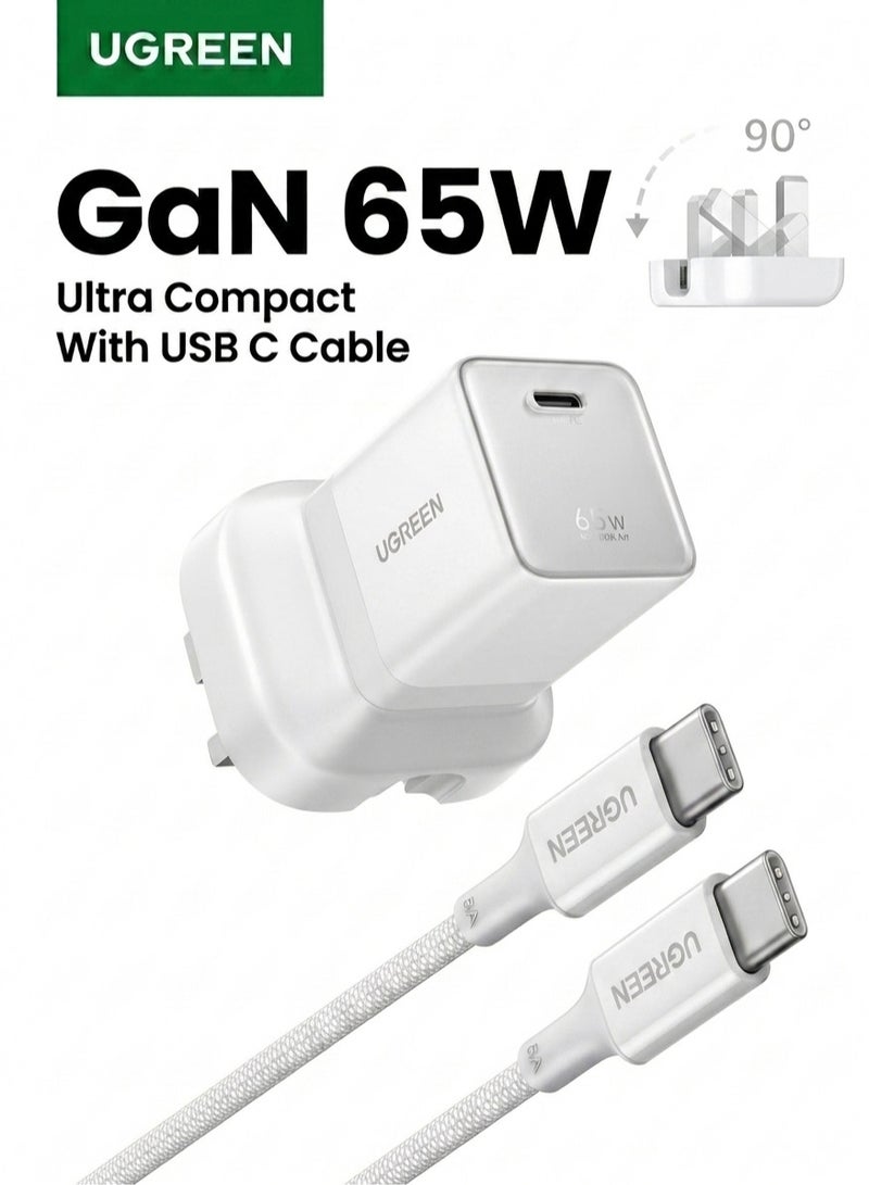 Ugreen Air 65W USB-C Charger with Cable Pocket GaN Type C Charger with Foldable Pin, Fast Charging Adapter, V0 Flame Retardant Charger Head for iPhone 17 16 Pro Max, Samsung S26 S25 Ultra, iPad Pro (White) 65W+Cable Compact White - Image 1