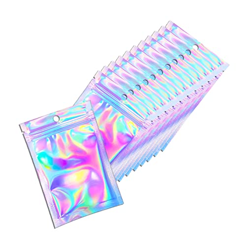 Trunple 100 Pcs Holographic Resealable Packaging Bags for Small Business Supplies, Cute Small Color Smell Proof Foil Pouch Plastic Baggies for Lip Gloss Soap Party Food Storage (4x6 inch) - Image 1