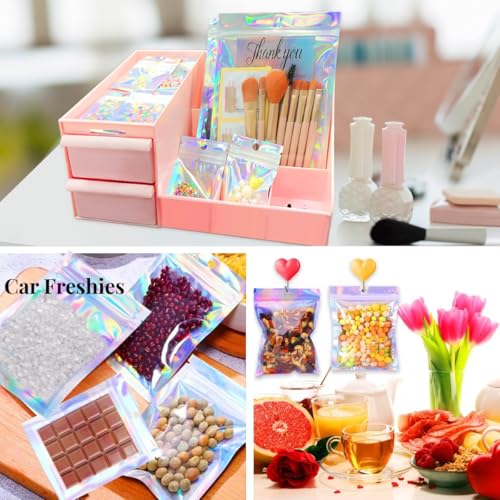Trunple 100 Pcs Holographic Resealable Packaging Bags for Small Business Supplies, Cute Small Color Smell Proof Foil Pouch Plastic Baggies for Lip Gloss Soap Party Food Storage (4x6 inch) - Image 2