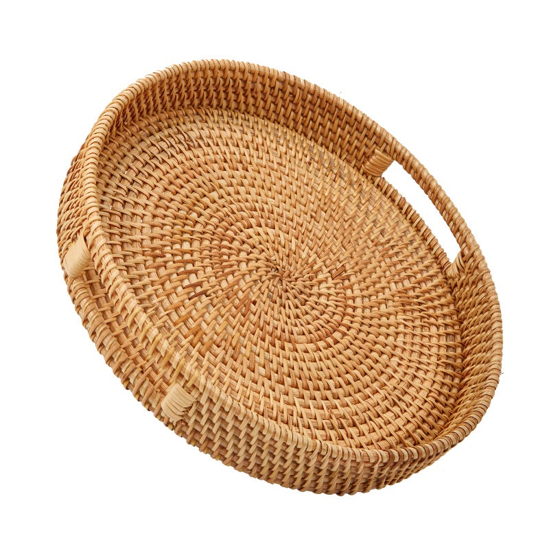 Whalehub Round Rattan Serving Tray with Handles, Hand Woven Basket, Home Decor Organizer Tray for Breakfast, Tea, Snack, Fruit, Coffee,Storage (Large)(14.17inchX2.3inch) - Image 1