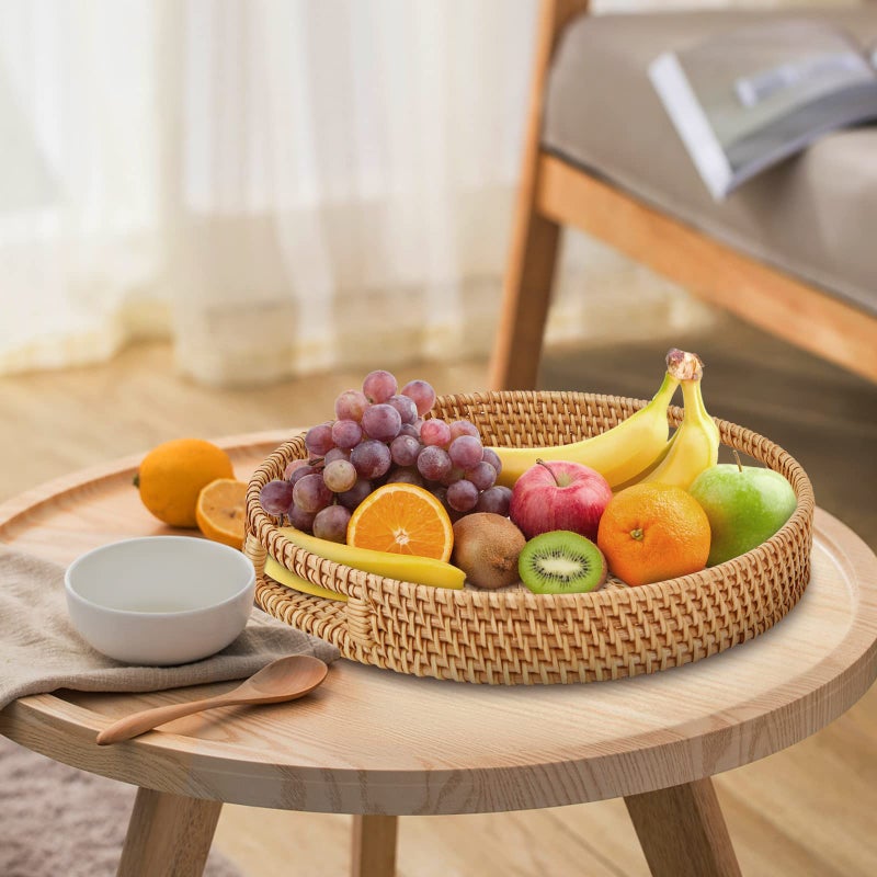 Whalehub Round Rattan Serving Tray with Handles, Hand Woven Basket, Home Decor Organizer Tray for Breakfast, Tea, Snack, Fruit, Coffee,Storage (Large)(14.17inchX2.3inch) - Image 3