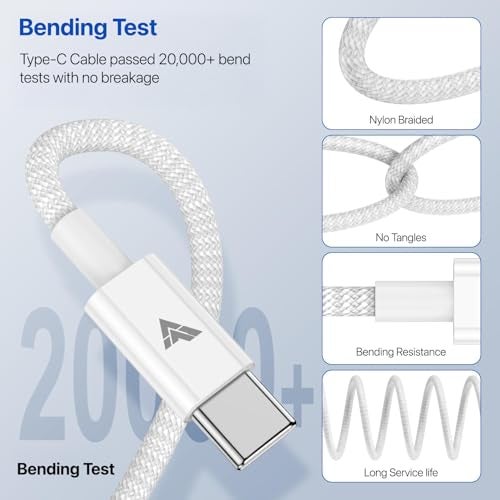 DR VAKU® 60w PD Braided Type C To Type C Cable 2M Fast Charging High Speed Data Transfer for iPhone, MacBook, Monitor, Laptop, iPad, Tablets, Samsung, Hp, Dell, Microsoft,Lenovo Type C Devices-White - Image 3
