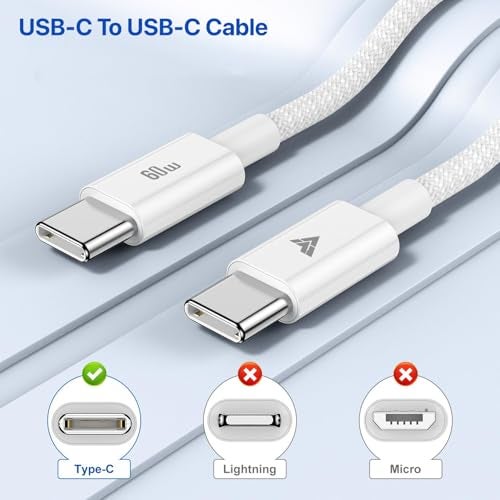 DR VAKU® 60w PD Braided Type C To Type C Cable 2M Fast Charging High Speed Data Transfer for iPhone, MacBook, Monitor, Laptop, iPad, Tablets, Samsung, Hp, Dell, Microsoft,Lenovo Type C Devices-White - Image 4