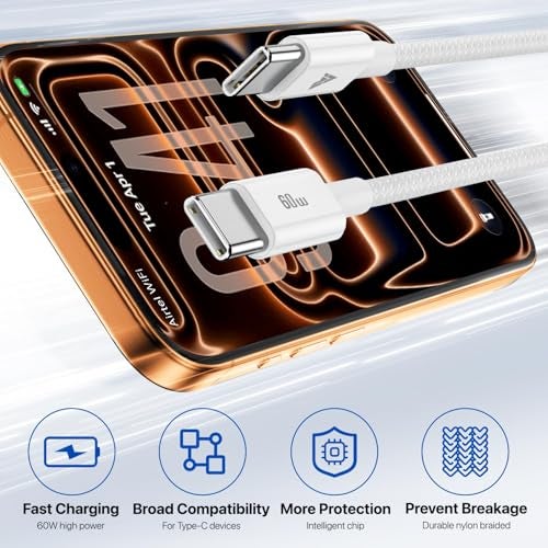 DR VAKU® 60w PD Braided Type C To Type C Cable 2M Fast Charging High Speed Data Transfer for iPhone, MacBook, Monitor, Laptop, iPad, Tablets, Samsung, Hp, Dell, Microsoft,Lenovo Type C Devices-White - Image 5
