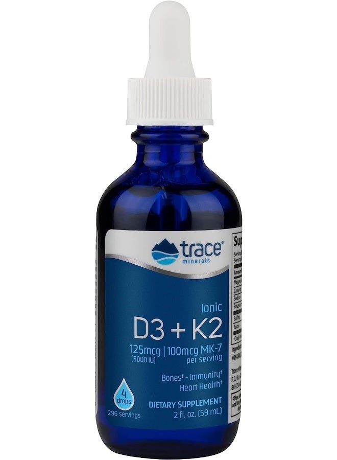Trace Minerals Research | Liquid Ionic Vitamin D3 + K2 | 125 mcg (5,000 IU) D3, 100 mcg K2 | Concentrated Dietary Supplement | 2 fl oz. 296 Servings