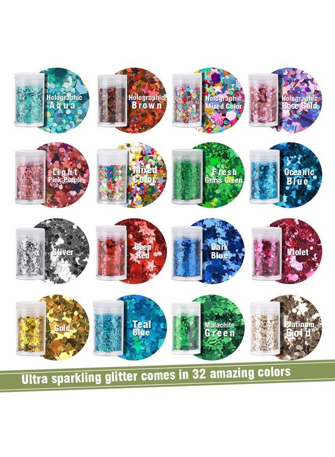 Teenitor غليتر، غليتر سميك مختلط، غليتر أظافر مع نجوم، غليتر تجميلي للوجه والجسم والعين والشعر، 32 قطعة - Image 4
