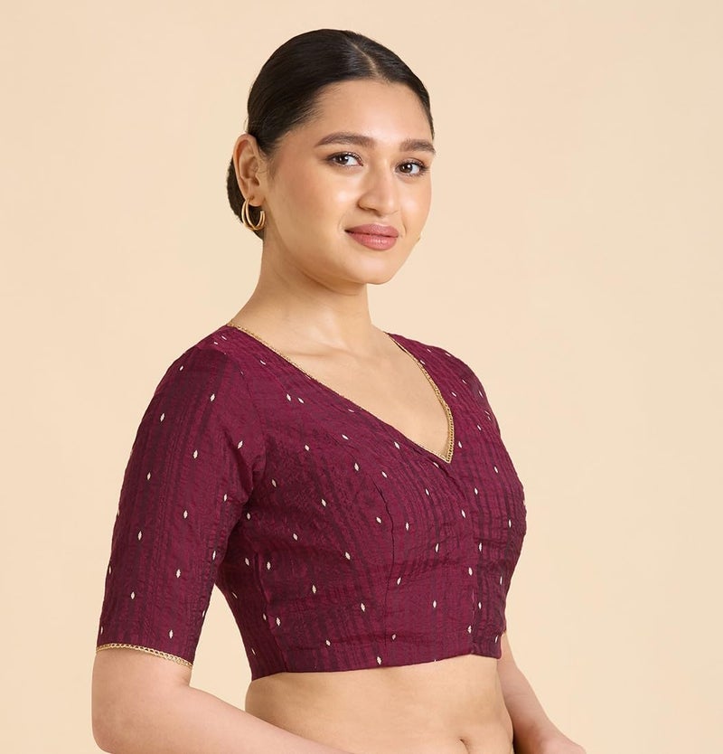 Studio Shringaar Women's Handloom Cotton Silk Readymade Saree Blouse (Wine, 42) - Image 4