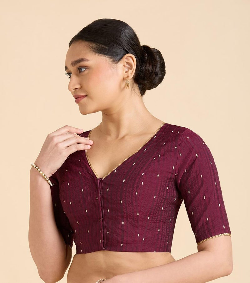 Studio Shringaar Women's Handloom Cotton Silk Readymade Saree Blouse (Wine, 42) - Image 3