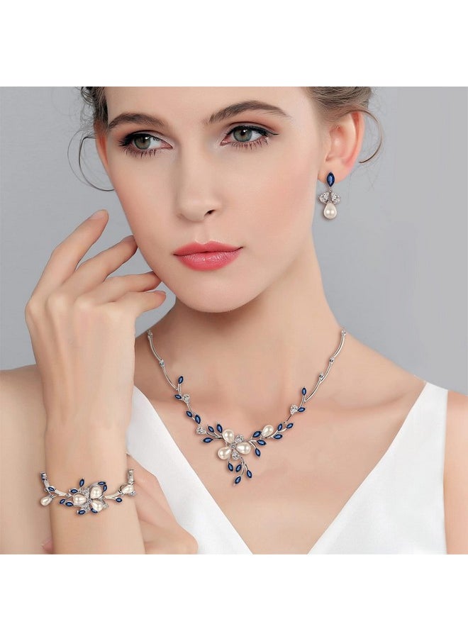 EVER FAITH Wedding Jewelry Set For Bride Simulated Pearl Marquise Cz Flower Filigree Necklace Earrings Bracelet Set Blue Silvertone  - Image 3