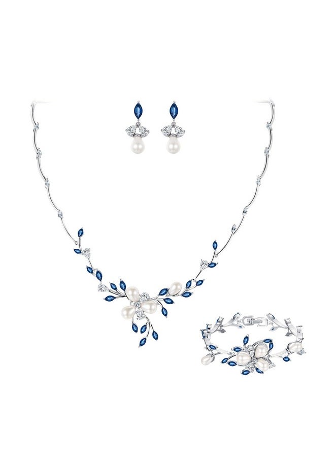 EVER FAITH Wedding Jewelry Set For Bride Simulated Pearl Marquise Cz Flower Filigree Necklace Earrings Bracelet Set Blue Silvertone  - Image 1