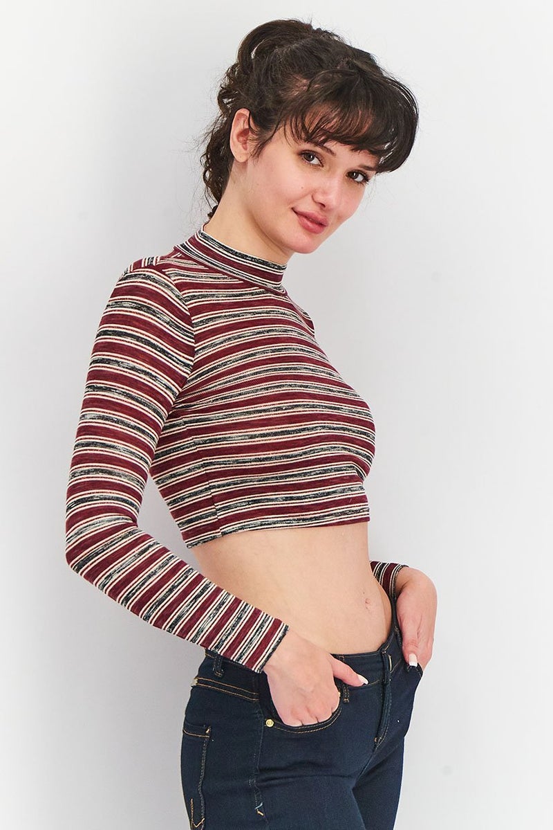 IKKS Women Funnel Neckline Long Sleeves Stripe Top, Grey - Image 3