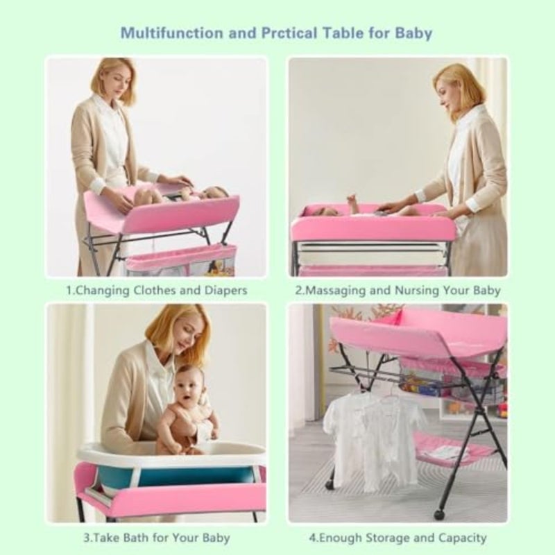 Portable baby changing table with wheels for nursery use, made of durable plastic in pink color, featuring adjustable height, folding design, and integrated storage rack for convenience and space-saving. - Image 4
