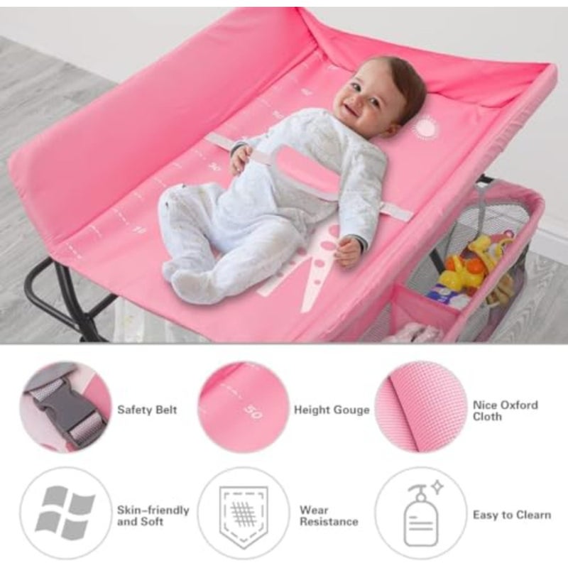 Portable baby changing table with wheels for nursery use, made of durable plastic in pink color, featuring adjustable height, folding design, and integrated storage rack for convenience and space-saving. - Image 3