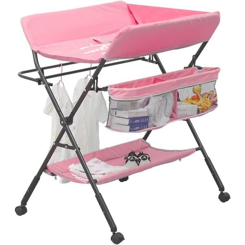 Portable baby changing table with wheels for nursery use, made of durable plastic in pink color, featuring adjustable height, folding design, and integrated storage rack for convenience and space-saving. - Image 1