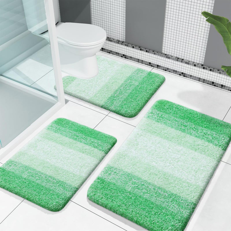 OLANLY Bathroom Rugs Sets 3 Piece, Soft Absorbent Microfiber Bath Mats and U-Shaped Contour Toilet Rug, Plush Shaggy Bath Mat Set for Bathroom (30"x20"+24"x16"+24"x20", Green) - Image 1
