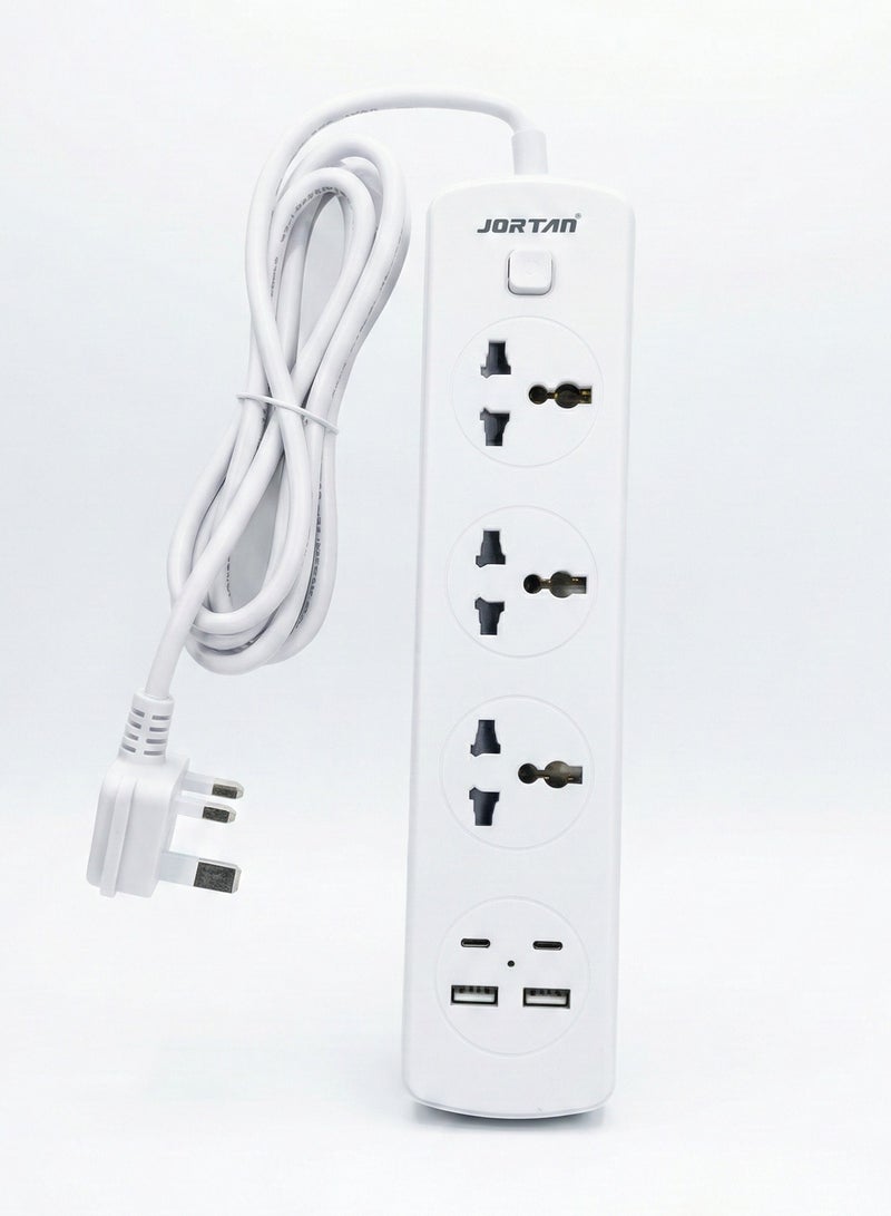 جورتان سلك تمديد الطاقة العالمي من جورتان 3 طرق مع منفذي USB ومنفذين من النوع C، وكابل عالي التحمل بطول 2 متر، وشريط طاقة متعدد المقابس للمنزل والمكتب والسفر وشحن أجهزة متعددة - مدمج ومحمي من زيادة التيار