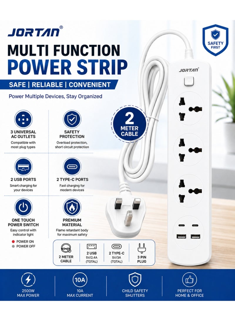 Jortan Universal Power Extension Cord 3 Way with 2 USB Ports and 2 Type-C Ports, 2 Meter Heavy-Duty Cable, Multi-Plug Power Strip for Home, Office, Travel, and Charging Multiple Devices – Compact and Surge Protected