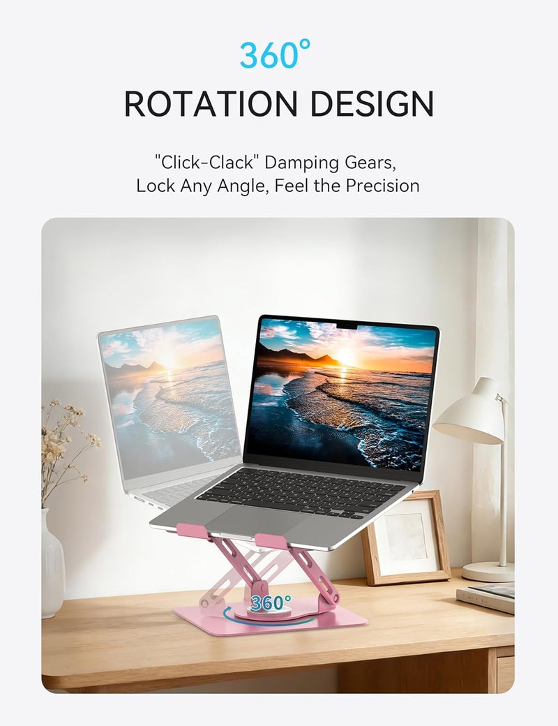 SOUNDANCE Laptop Stand with 360° Rotating Base, Ergonomic Computer Riser for Desk, Adjutable Height Muti-Angle, Foldable Laptop Mount, Stable Metal Holder Support 10-15.6" Notebook PC, Pink - Image 2