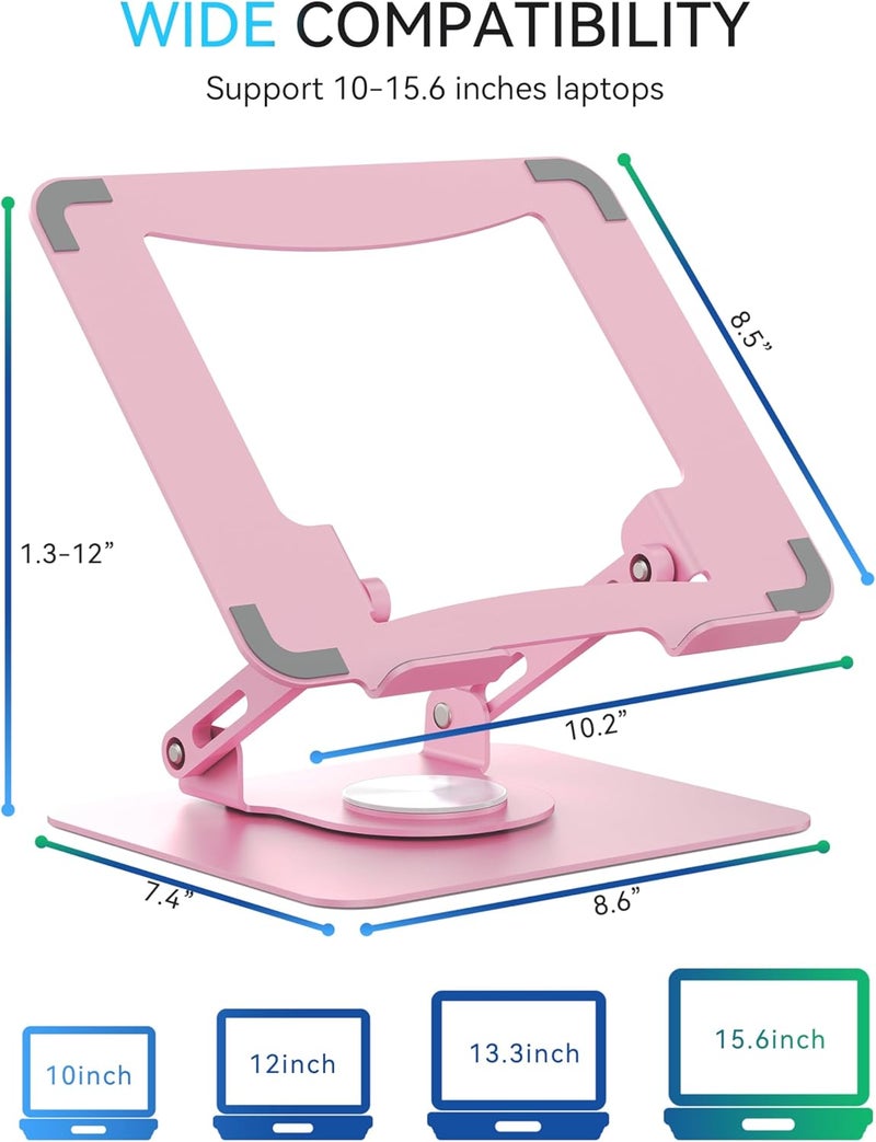 SOUNDANCE Laptop Stand with 360° Rotating Base, Ergonomic Computer Riser for Desk, Adjutable Height Muti-Angle, Foldable Laptop Mount, Stable Metal Holder Support 10-15.6" Notebook PC, Pink - Image 5