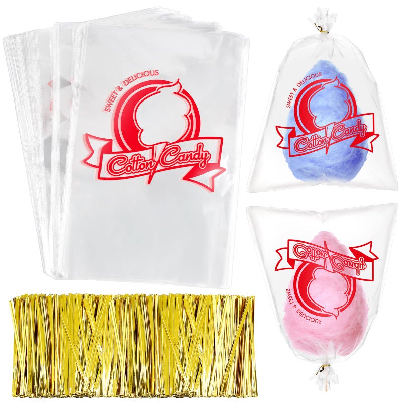 Geyee أكياس حلوى القطن جيي 500 قطعة مع أربطة حلوى قطنية بطباعة واضحة كبيرة لمهرجان للحفلات والمطبخ 118 × 177 بوصة