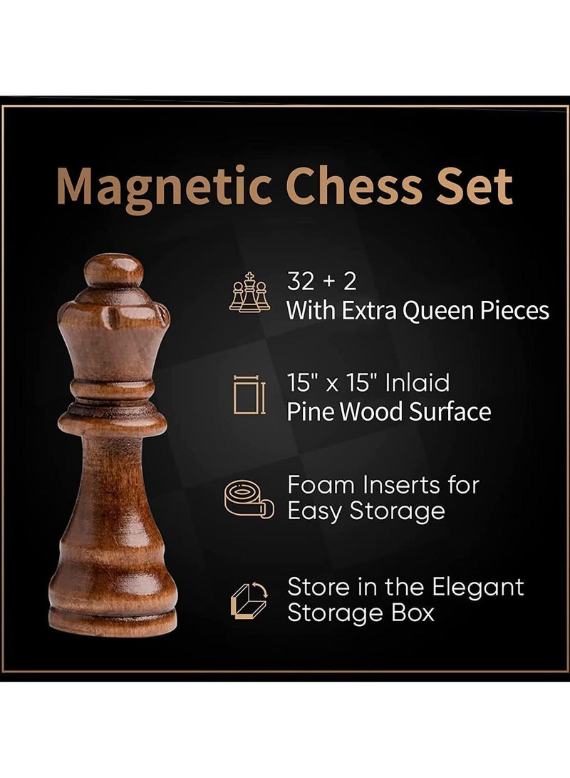 ANYOUI Chess Sets,15 Inch Magnetic Wooden Chess Set, Board Game for Adults and Kids, with 24 Checkers Pieces Extra & 2 Extra Queens,Portable Travel Chess Board Game Sets - Image 4