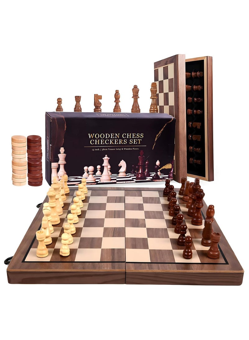 ANYOUI Chess Sets,15 Inch Magnetic Wooden Chess Set, Board Game for Adults and Kids, with 24 Checkers Pieces Extra & 2 Extra Queens,Portable Travel Chess Board Game Sets - Image 1
