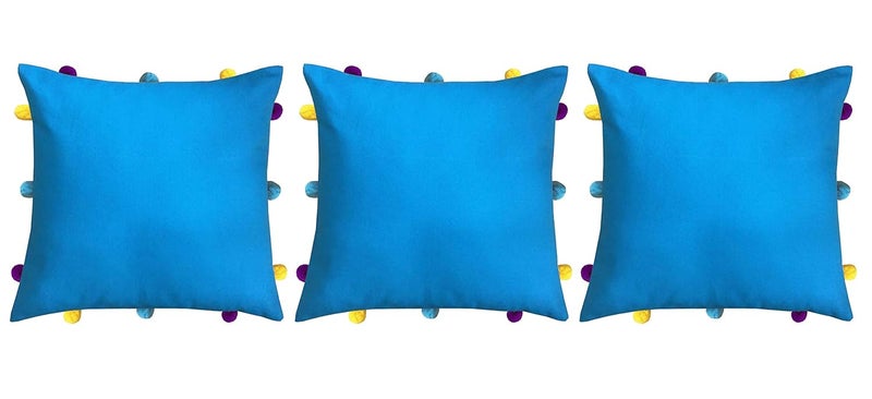 Lushomes Cushion Cover 12x12 Boho Cushion Covers Sofa Pillow Cover Cushion Covers with Tassels Cushion Cover with pom pom 12x12 Inches Set of 3 Blue - Image 1