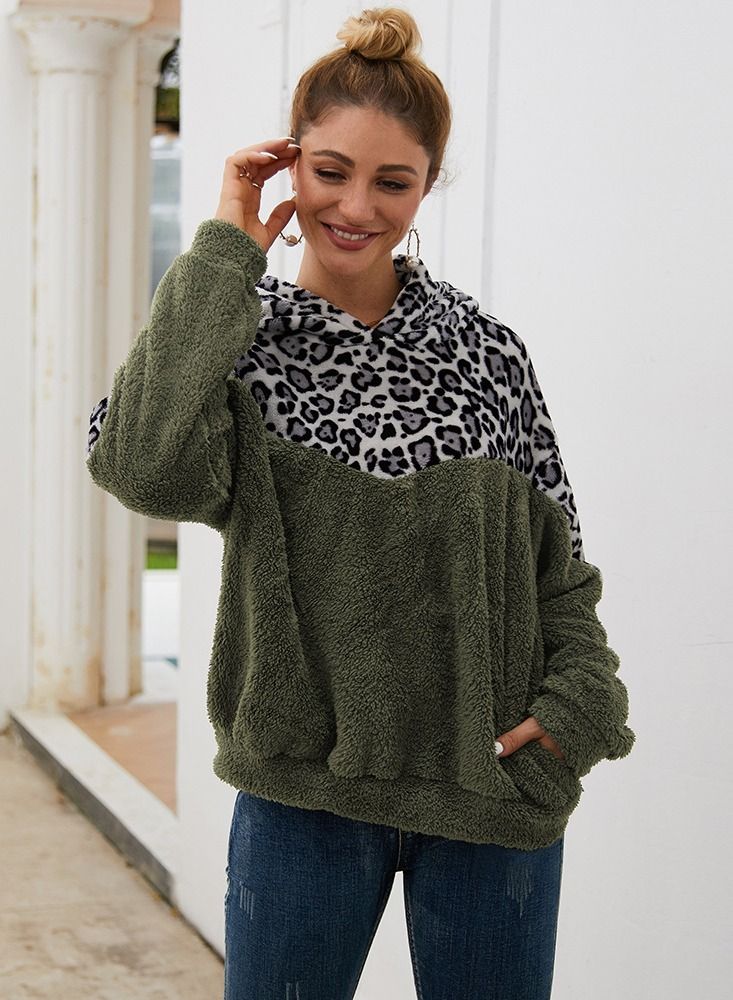 Loquat Leopard Patch Long Sleeve Hoodie Green - Image 1