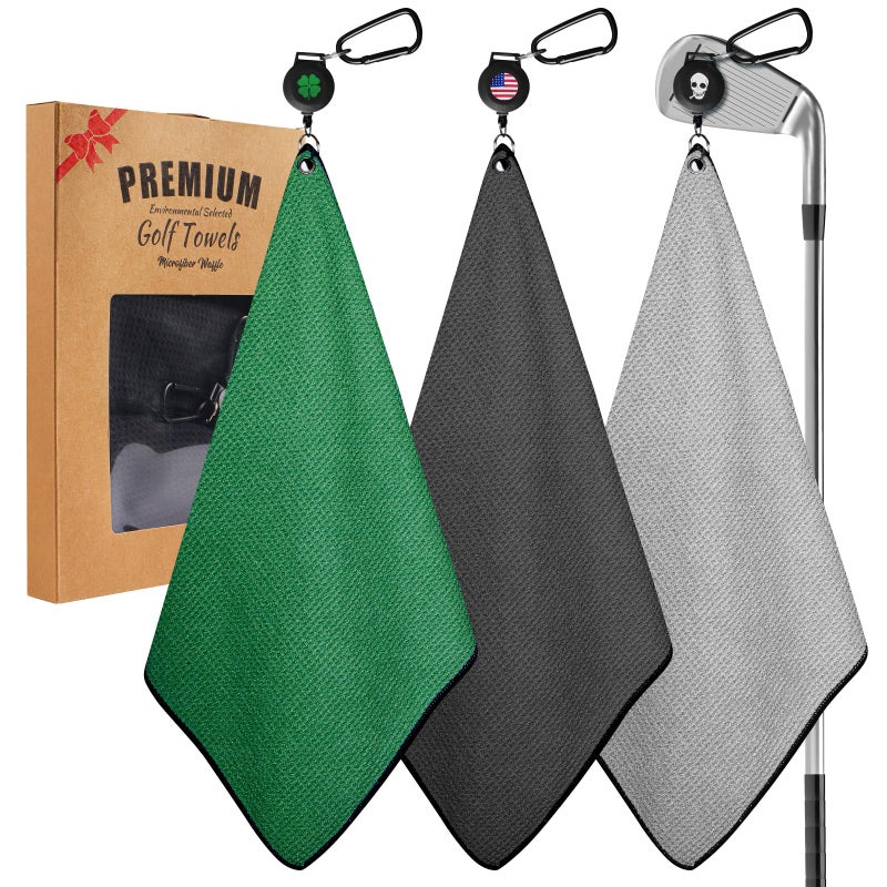 FINGER TEN Golf Towels for Golf Bags Value 23 Pack with Strong Magnetic Retractable Carabiner 157x157 Microfiber Waffle Pattern Cleaner Absorbent Set for Men Women GrayBlackGreen3 Pack