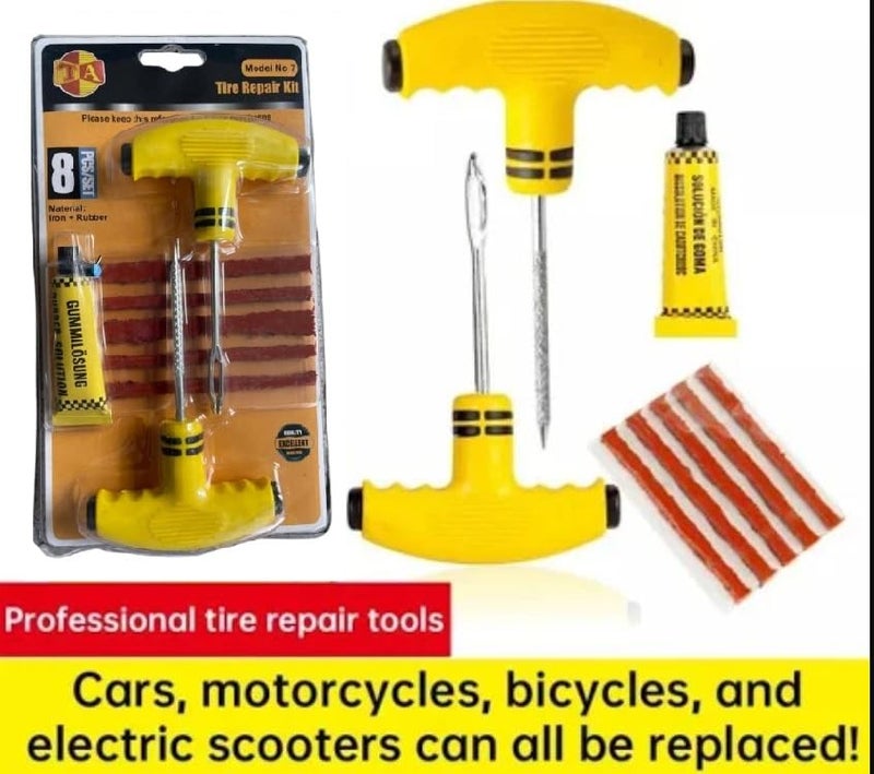 Taç Professional Tubeless Tyre Puncture Repair Kit, 8-Piece Set with T-Handle Tools, Rubber Strips, Repair Glue for Cars, Motorcycles, Bicycles - Image 3