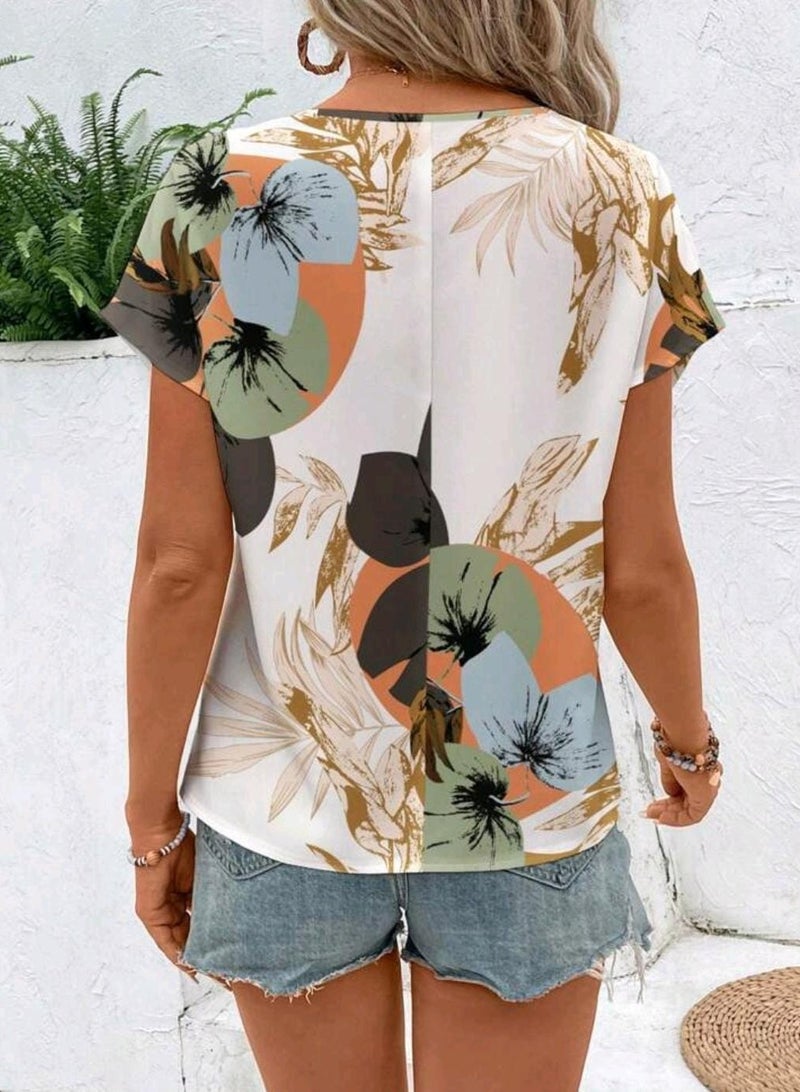 EMERY ROSE EMERY ROSE Vintage Color Block Casual Loose Floral Printed Round Neck Blouse For Women, Summer - Image 2