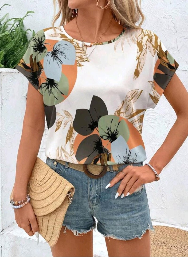 EMERY ROSE EMERY ROSE Vintage Color Block Casual Loose Floral Printed Round Neck Blouse For Women, Summer - Image 4