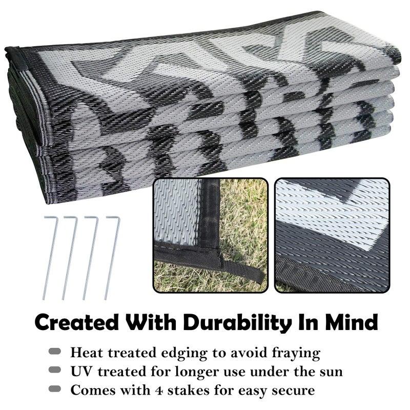 SAND MINE Reversible Mats, Plastic Straw Rug, Modern Area Rug, Large Floor Mat and Rug for Outdoors, RV, Patio, Backyard, Deck, Picnic, Beach, Trailer, Camping (9' x 12', Black & Grey) - Image 3