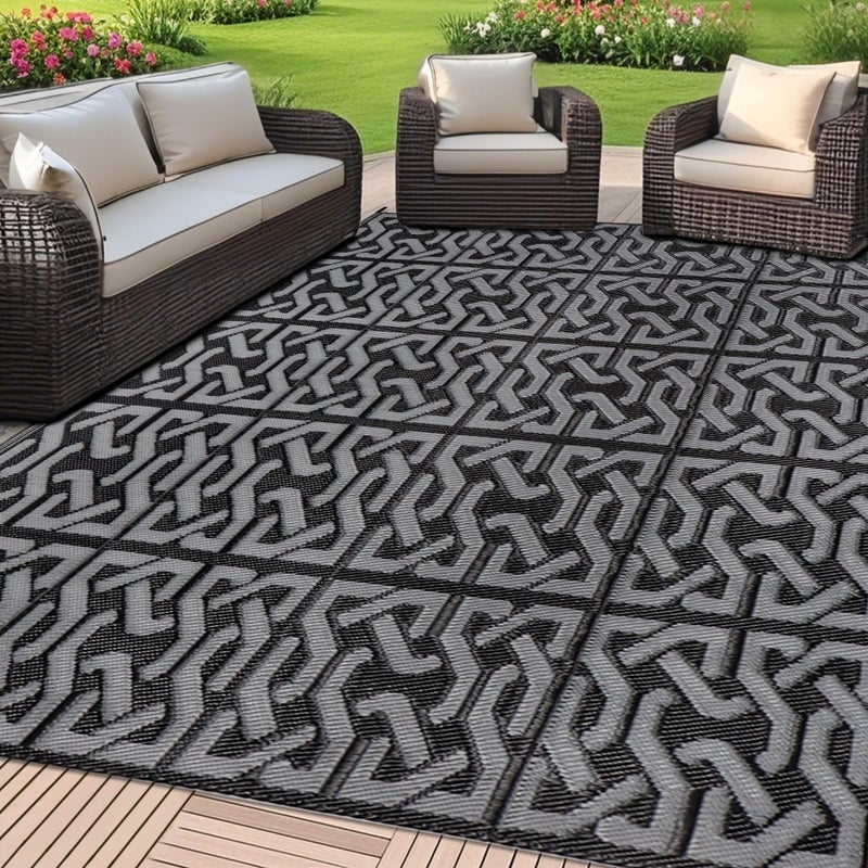 SAND MINE Reversible Mats, Plastic Straw Rug, Modern Area Rug, Large Floor Mat and Rug for Outdoors, RV, Patio, Backyard, Deck, Picnic, Beach, Trailer, Camping (9' x 12', Black & Grey) - Image 1