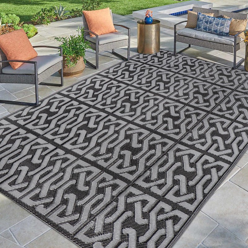 SAND MINE Reversible Mats, Plastic Straw Rug, Modern Area Rug, Large Floor Mat and Rug for Outdoors, RV, Patio, Backyard, Deck, Picnic, Beach, Trailer, Camping (9' x 12', Black & Grey) - Image 5