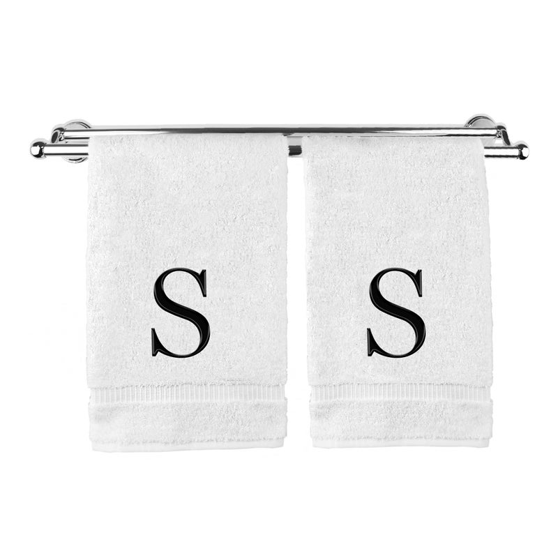 BC BARE COTTON Monogrammed Hand Towel  Personalized Gift  Set of 2- Black Block Letter Embroidered Towel - Extra Absorbent 100% Turkish Cotton - Soft Terry Finish - Initial S White - Image 1