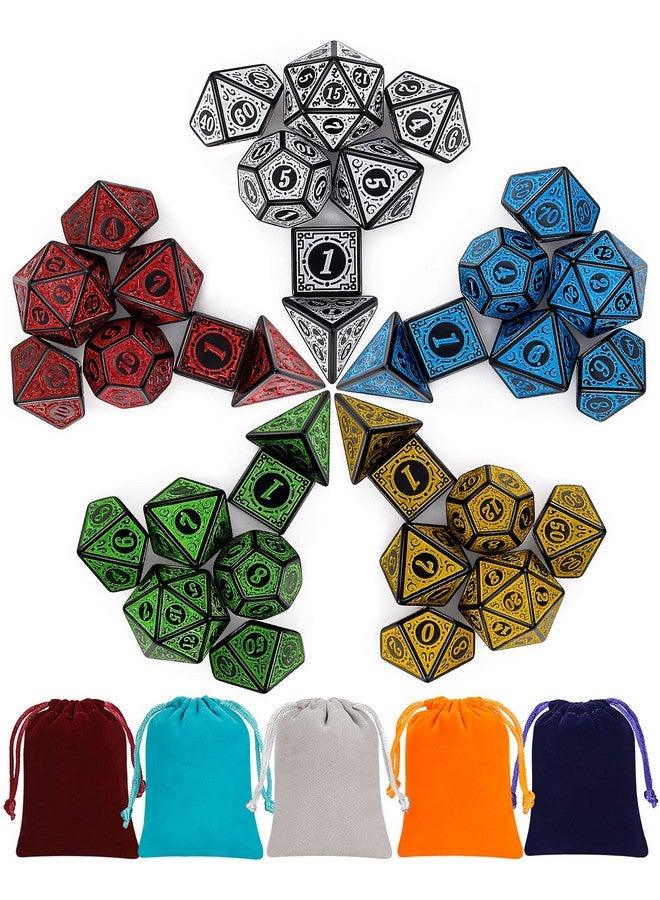 CiaraQ CiaraQ Polyhedral Dice with 5 Pouches, 5 Sets of Retro Dice for MTG DND Board Games, 35 Pieces  - Image 1