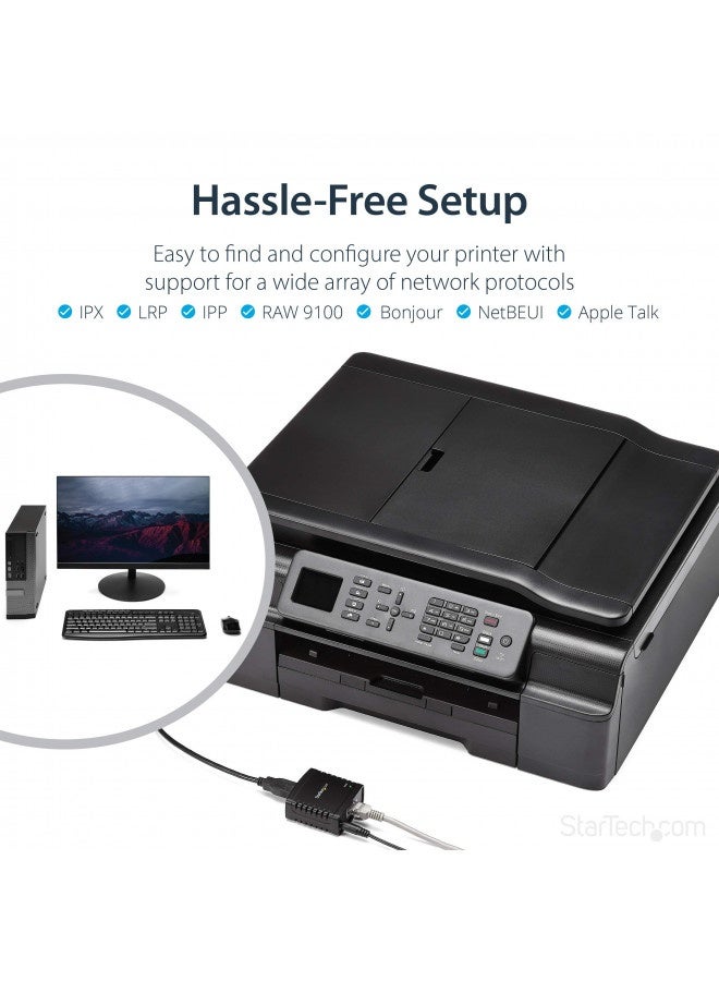 Startech.Com 10/100Mbps Ethernet To Usb 2.0 Network Print Server - Windows 10 - Lpr - Lan Usb Print Server Adapter (Pm1115U2) - Image 2