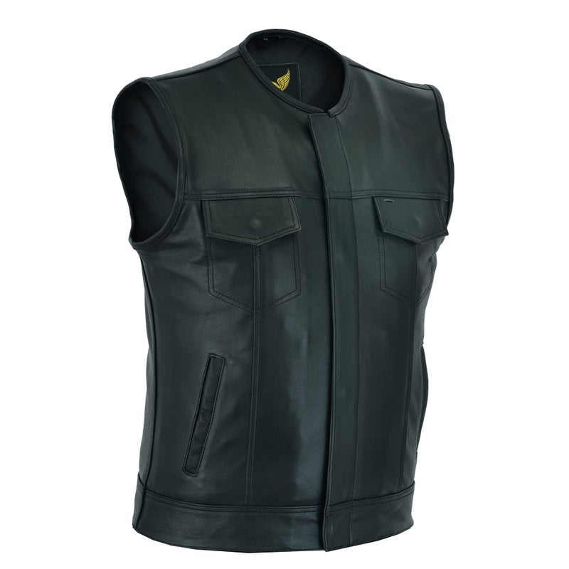 Leatherick Mens Black Motorcycle Vests SOA Club Traditional Paisley Satin Liner Leather Biker Vests US Alpha XXLarge Regular Regular Black Collarless