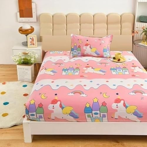Akshya Pink Unicorn Kids Single Bedsheet Elastic Fitted for 4x6 ft Bed with Pillow Cover Soft Microfiber Cartoon Printed Bedsheet for Children Bedroom - Image 1