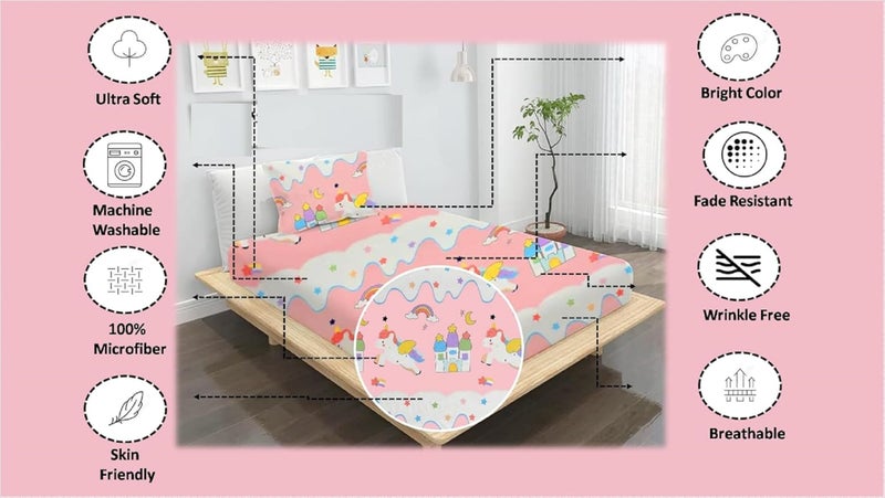 Akshya Pink Unicorn Kids Single Bedsheet Elastic Fitted for 4x6 ft Bed with Pillow Cover Soft Microfiber Cartoon Printed Bedsheet for Children Bedroom - Image 2