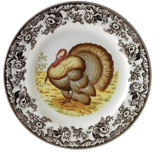 Spode Woodland Turkey Dinner Plate - 10.5" Traditional Thanksgiving Design with Historic British Floral Border, Fine Earthenware - Dishwasher, Microwave & Warm Oven Safe - Made in England - Image 1